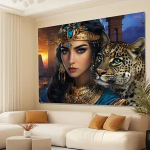 1pc 2D Flat Elegant Polyester Tapestry with Watercolor Egyptian Queen Cleopatra and Leopard Design - Luxurious Wall Art for Living Room Office Party Decor | Unique Holiday Gift Idea Decoration Print