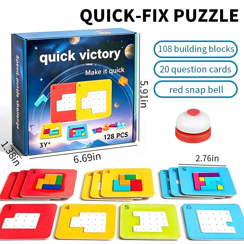 Quick-Fix Tangram Pattern Block Puzzle Set, Interactive 2-Player Battle Board Game with Bell for Toddlers, Kids, Seniors, Brain Exercise Educational Toy