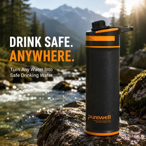 Purewell 500ml Compact Reusable Waterfilter Bottle - Portable Press Built-in Filter, 0.01 Micron UF Membrane, BPA-Free Tritan, 99.999% Antibacterial Removal, Activated Carbon, 10000L Lifespan Dual Chamber Survival Water Filter for Hiking,Camping
