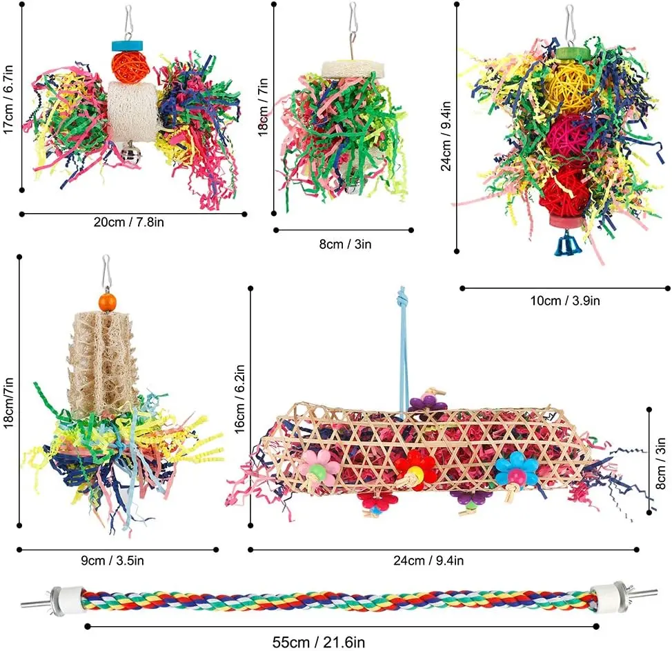 6-Pack Bright Shredding Parakeet Toys with Flexible Rope Perch, Natural Rattan & Loofah Colorful Foraging Bird Toys for Parakeets, Small Birds Entertainment, Natural Loofah, Bird Friends, Brightly Colored
