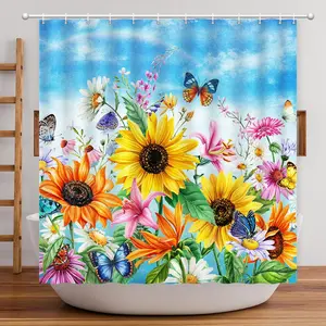 Shower Curtain Sunflowers Butterfly, Spring Shower Curtain Vibrant Colorful Wildflower Art Print for Bathroom with Hooks, Polyester Waterproof Washable Home Farmnouse Office Decor Bath Curtains 72x72