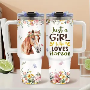 40oz Horse Gifts for Girls Tumbler with Handle Lid and Straw Birthday Tumblers for Horse Lovers Best Horse Lovers Gift Ideas Portable Drinkware Mug with Floral Crown Design