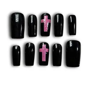Chic Cross Set Press On Nails | Elegant Cross Design Reusable Fake Nails | Glossy Luxury Nail Set for Daily Wear, Party & Gift