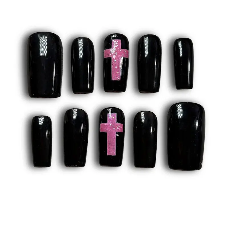 Chic Cross Set Press On Nails | Elegant Cross Design Reusable Fake Nails | Glossy Luxury Nail Set for Daily Wear, Party & Gift