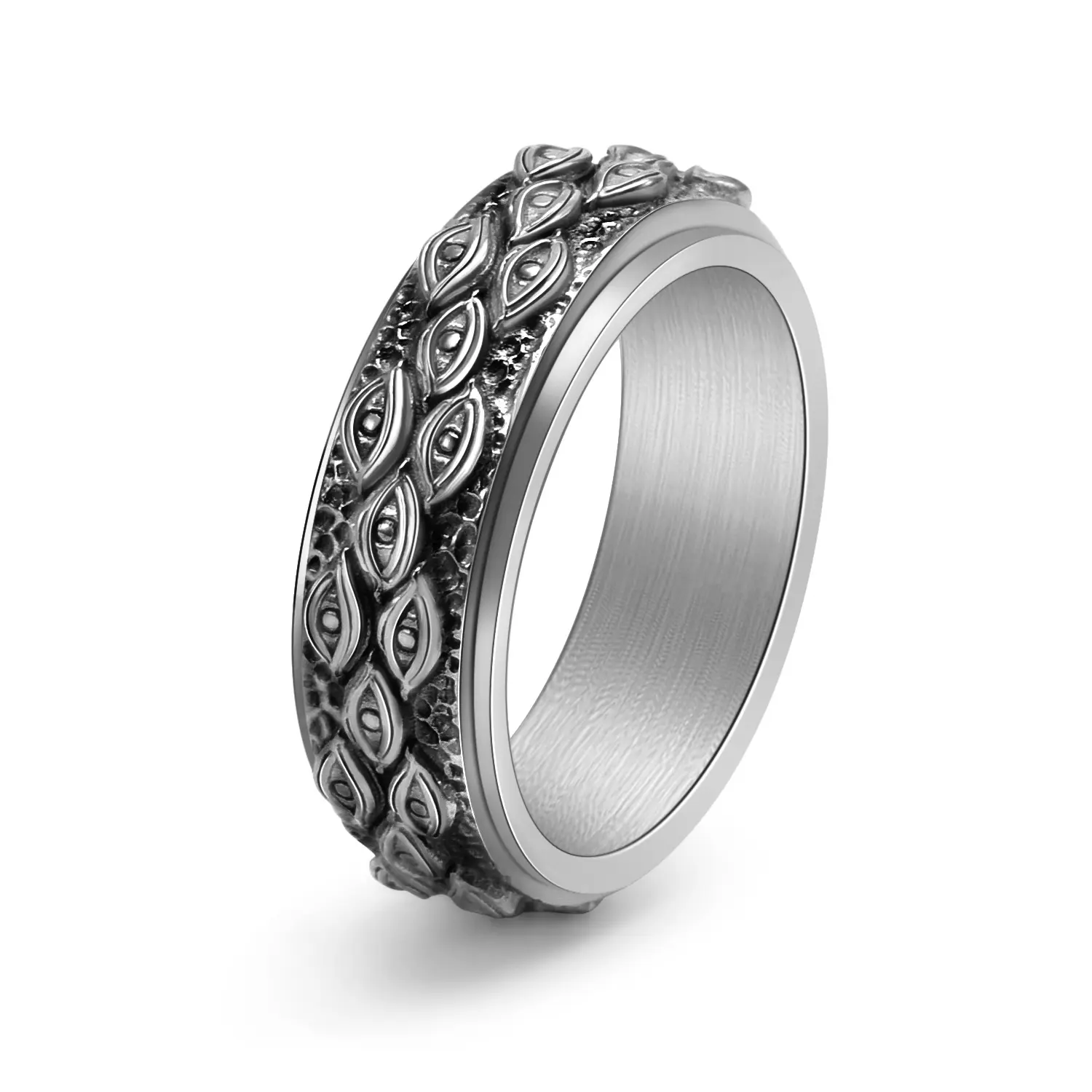 Vintage Eye Motif Spinner Ring for Men & Women, Silver-Tone Steel Rotating Wide Band Ring, Gothic Textured Interactive Fashion Jewelry