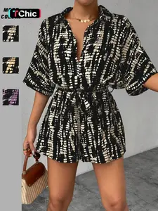 Women's Abstract Print Tie Waist Woven Romper, Casual Short Sleeve V Neck Jumpsuit for Summer, Fashion Women's Clothes for Daily Wear, Casual Comfy Jumpsuit