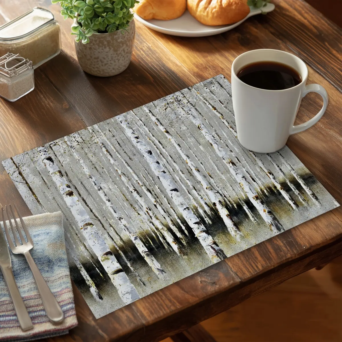 Rectangle 360-Stand Winter Forest Scene Durable Polyester Placemats, 14x18 in, Set of 6, for Home Decor & Kitchen Tableware, Indoor Fabric Placemats