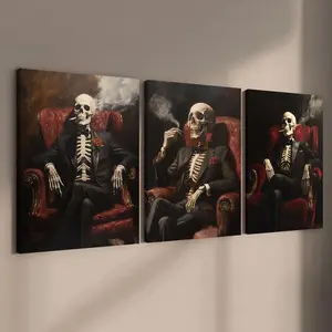 Skeleton Smoking Pattern Canvas Painting Framed, Skeleton Design 3 Counts/set Creative Wall Art, Art Wall Decoration, Wall Decor for Home Living Room Bedroom Office, Ornaments