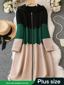 Plus Size Women's Colorblock Long Hooded Sweatshirt, Comfortable Casual Versatile Pullover, Zipper Design, Perfect for Daily Wear, Casual Sweatshirt Hoodie