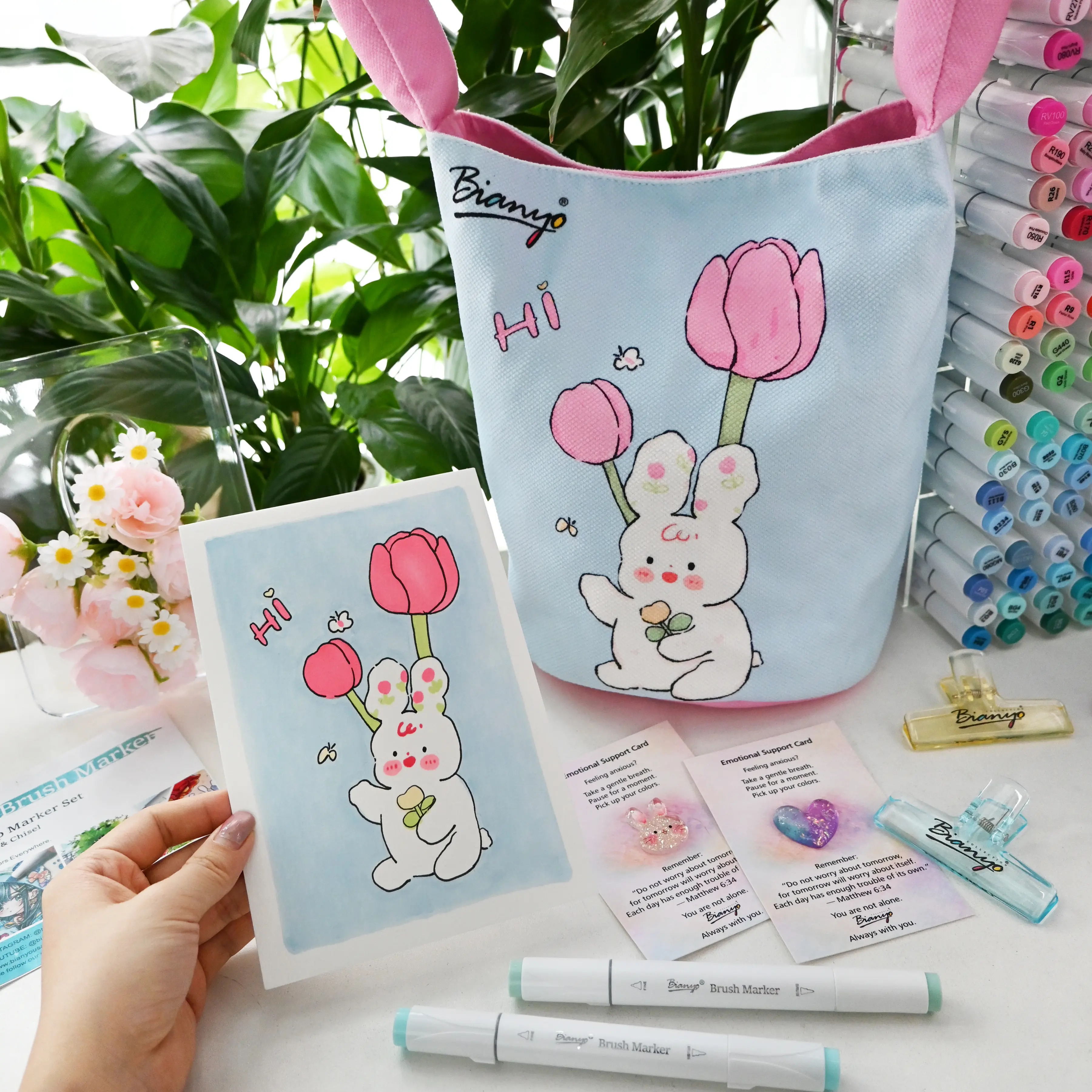 Bianyo Kawaii Bunny Cartoon Easter Canvas Tote Bag - Lightweight High-Capacity Office Stationery Organizer for Pens, Journaling Supplies, Back to School Haul, Playful Look Girls' Gift