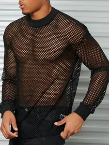 Men's Fishnet Mesh See Through Tee, Casual Long Sleeve T-shirt for Summer, Men's Top for Nightclub Performance, Menswear