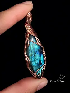 Orion's Bow Wire Wrapped Labradorite Necklace with Aqua Colored Flash Pendant Handmade Copper 20in Faux Leather Chain Gift for Intuition & Protection