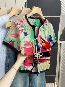 Boho Casual Vacation Style Loose Round Neck Colorblock Graffiti Print Short Sleeve Knit Sweater, Front Tie Design, Women's Spring Summer Top, Womenswear, Knitwear