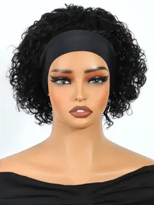 6 Inches Curly Headband Wig Glueless Human Hair, Natural Looking Wig, Short Bob Kinky Curls, Universal Cap Fit, Fashionable Machine-Made Pixie Cut Wig for Women