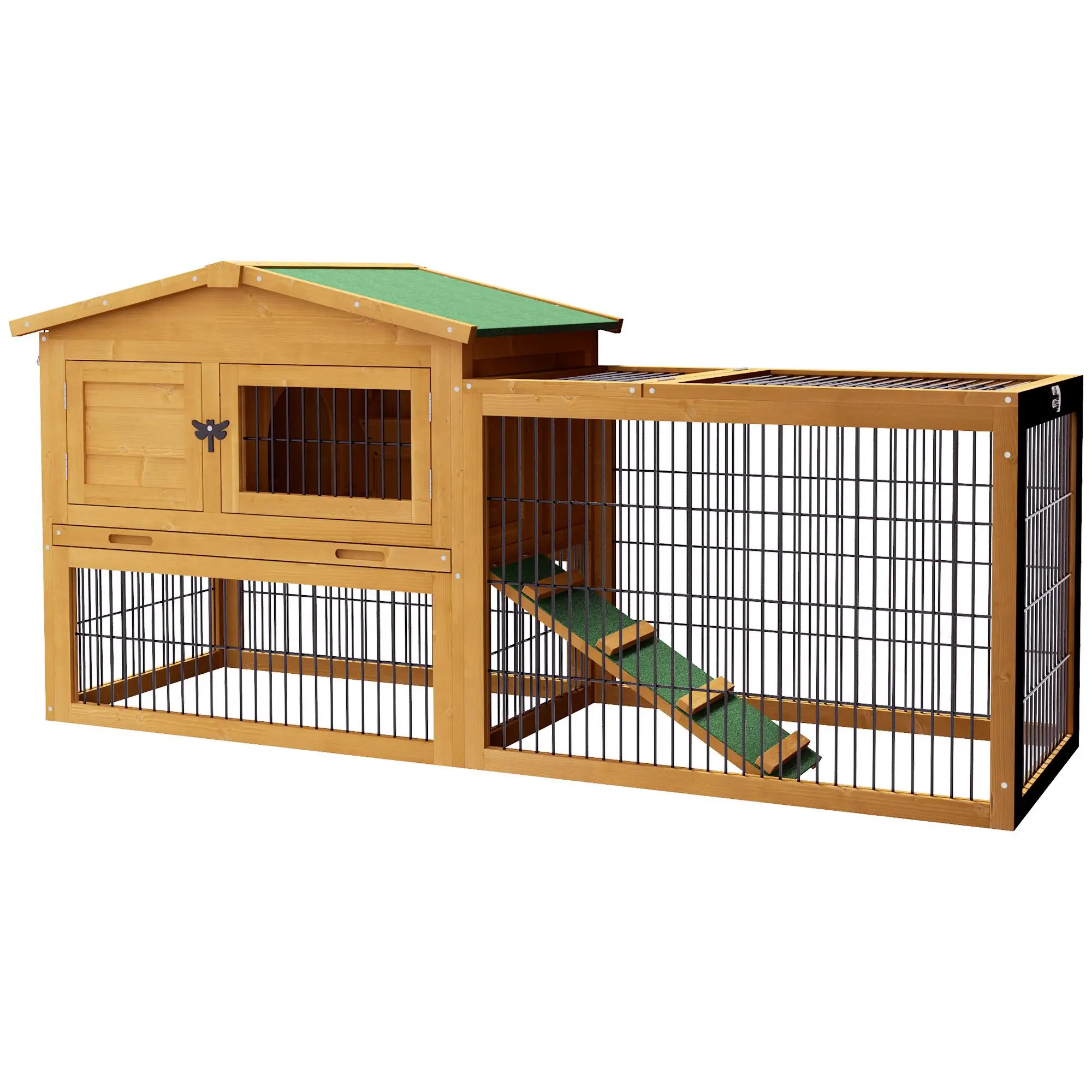 2-Level 59" Rabbit Hutch – Openable Top, Removable Tray & Ramp. Asphalt Roof, Climate-Safe Paint. For Small Backyards. 59" L x 20.75" W x 26.75" H. Yellow