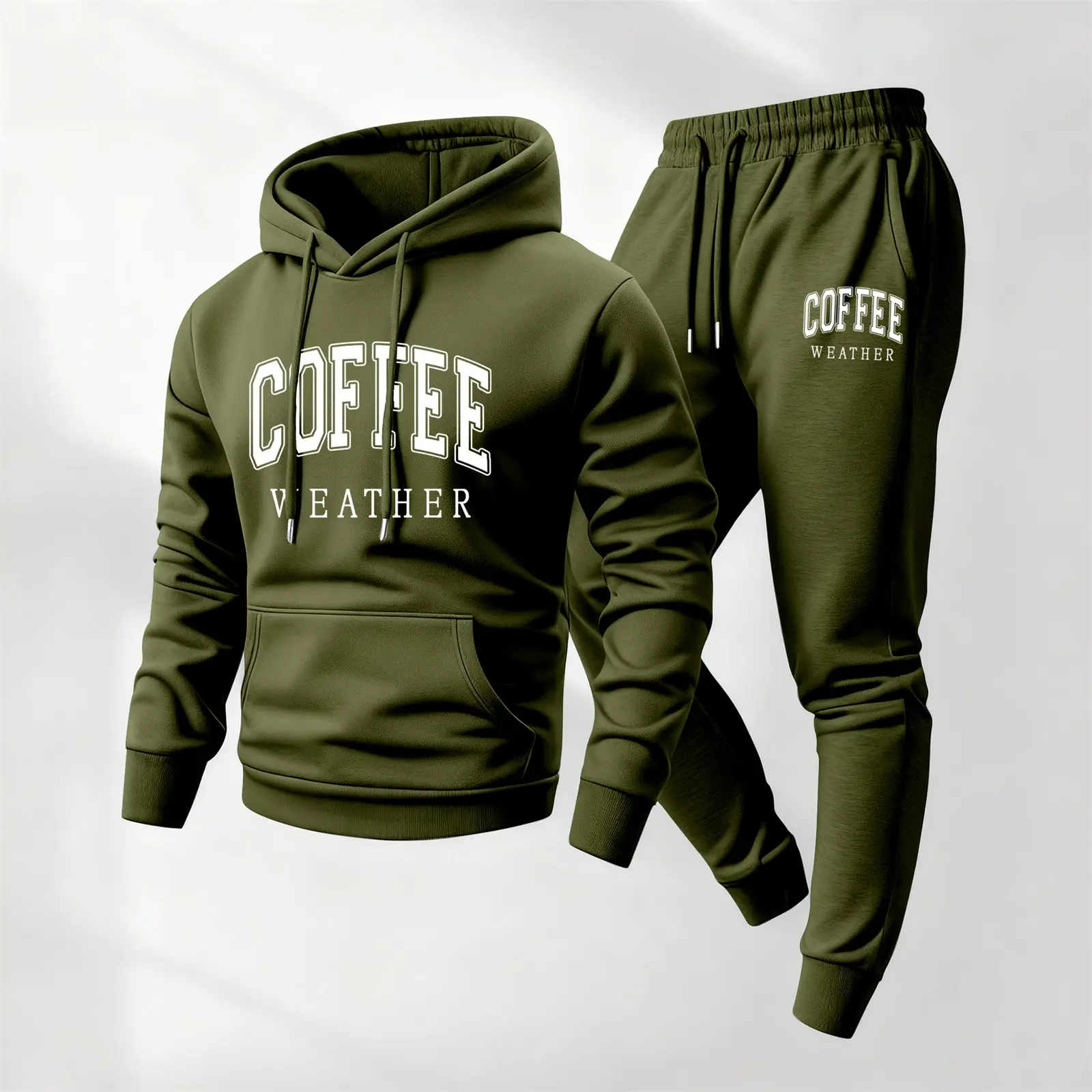 Men's Coffee Printed Hoodie and Drawstring Sweatpants Set, Menswear, Casual Athletic Long Sleeve Hooded Jacket & Trousers for Fall & Winter, Men's Clothing for Daily Wear, Sportswear Indoor Outdoor, Tracksuit, Athleisure Summer Clothes