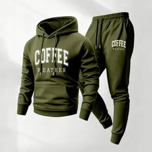 Men's Coffee Printed Hoodie and Drawstring Sweatpants Set, Menswear, Casual Athletic Long Sleeve Hooded Jacket & Trousers for Fall & Winter, Men's Clothing for Daily Wear, Sportswear Indoor Outdoor, Tracksuit, Athleisure Summer Clothes