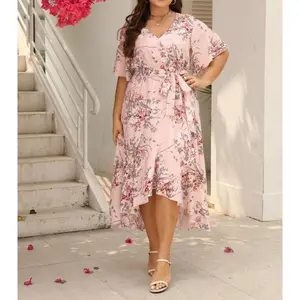 Boho Chic Plus Size Floral Print Ruffle Hem Belted Wrap A Line Dress with Butterfly Sleeves & V Neckline High Low Midi Sundress for Women Spring Fall Casual Everyday Chic Style - Bohemian