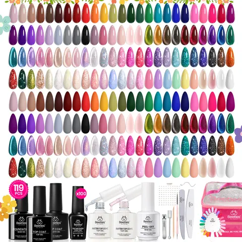 Beetles 100-Color High-Quality Assorted Colored Gel Nail Polish Set - Nail Care Kit with Base & Top Coat, Manicure Tools, Art Supplies for DIY Home Use, Gift for Women (Gel X, Cuticle Cosmetic, #Summervibes, Content Creator)