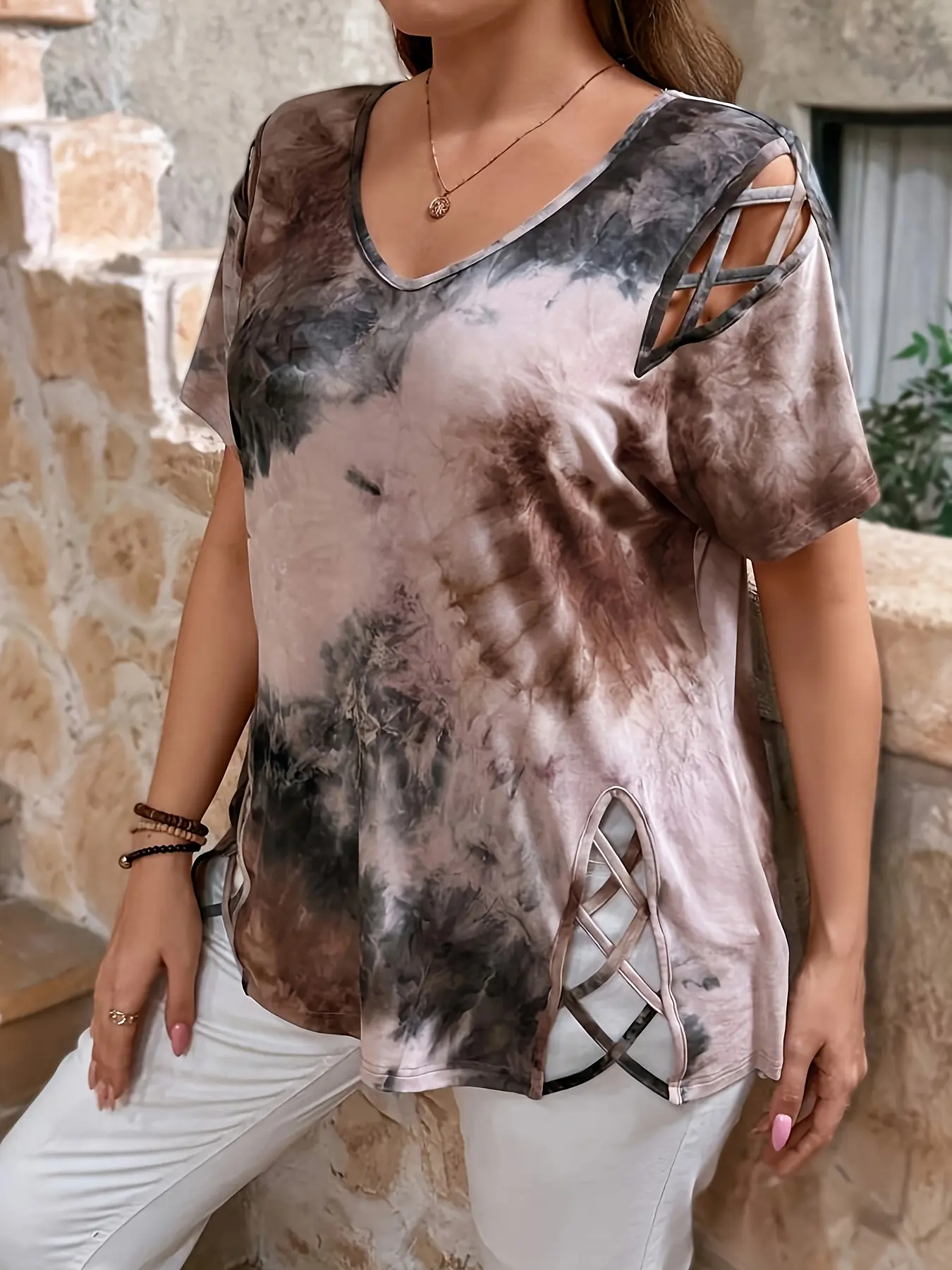 Women's V-Neck Printed Short Loose T-Shirt Top, Spring Summer New Fashion, Casual Wear, Comfortable Cotton Material, Piece, Perfect for Daily Everyday
