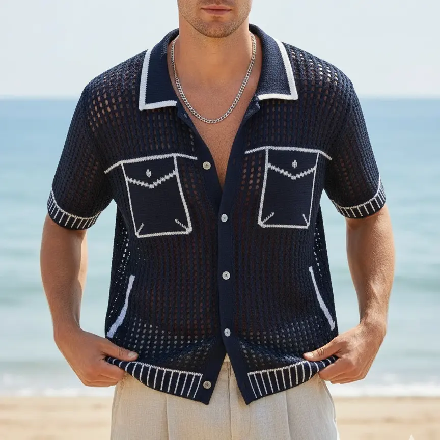 Men’s open-knit button-down shirt, short-sleeved see-through polo cardigan with contrast trim and chest pockets, lightweight summer beach streetwear top