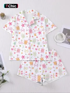 Women's 2-Piece Short Sleeve Sleepwear Set, Pajama Set, Fun Oceanic Cartoon Print, Elegant Casual, Comfortable Lapel Top & Wide Leg Shorts