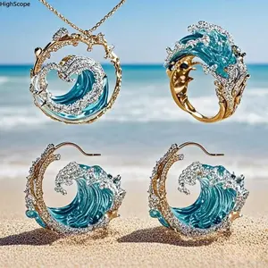 Creative Wave Jewelry Set Necklace, Ring & Earrings – Light Luxury Versatile Gift for Women
