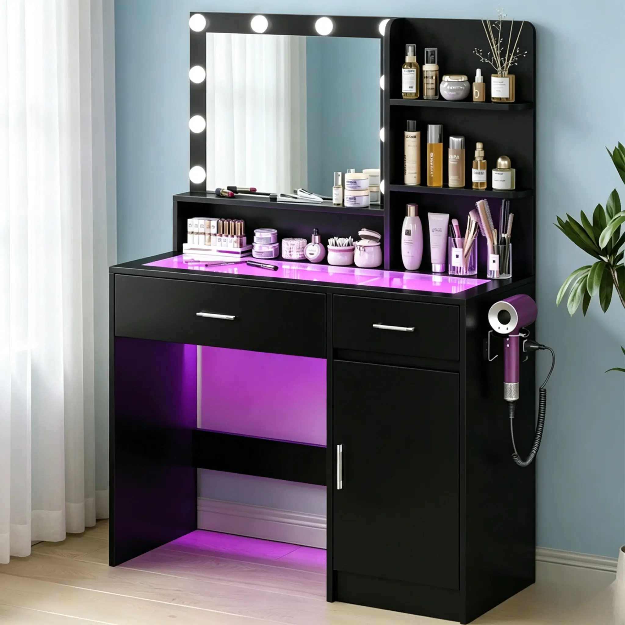 CollaredEagle Modern Makeup Vanity Desk - Wood Frame, LED Glass Top, Adjustable Light, USB Charging Ports, Multi-Drawers, Large Storage Corner White Dressing Table for Bedroom