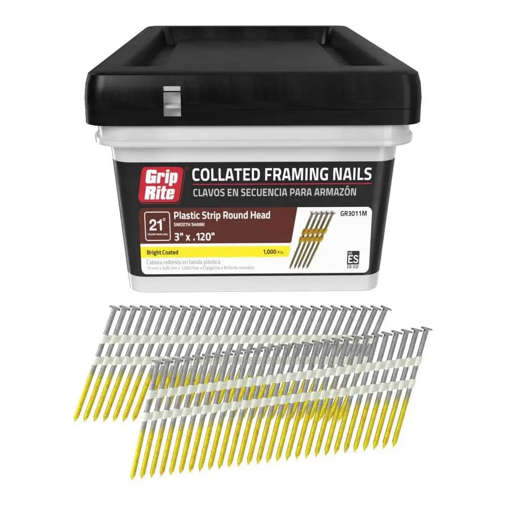 3 in. x 0.120 in. 21° Plastic Collated Bright Coated Smooth Shank Framing Nails 1000 per Box