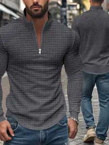 Plus Size Men's Grid Waffle Knit Quarter Zip Sweatshirt, Multi Colors Available, Stretch Slim Fit Long Sleeve Pullover Tops for Casual Outdoor All Season Wear