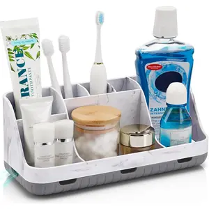 GFWARE Marble Bathroom Countertop Organizer - Detachable 7 Slots Kids Electric Toothbrush and Toothpaste Holde Drainage for Bathroom Accessories Organization Counter Vanity Storage, Grey
