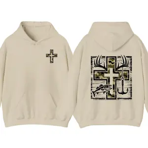 Camo Faith Hunting & Fishing Hoodie or T-Shirt, Patriotic Outdoor Cross Hoodie with Antlers, Hook, and Bass, Southern Christian Lifestyle Hoodie for Men&Women