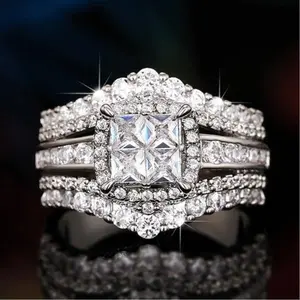 Micro Pave Square Five-in-One Ring for Women, S925 Sterling Silver CZ Stones Halo Design - Perfect Gift for Girlfriend or Wife