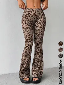Women's Leopard Print Casual Fitted Pants, Stylish Animal Pattern Long Trousers, Comfortable Daily Wear for Ladies, Trendy Fashion Bottoms, Womenswear, Fabric