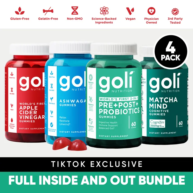 Goli's Inside & out Bundle for Stress, Gut, Immune & Cognitive Support – World’s First 3-in-1 Pre, Post & Probiotic, Apple Cider Vinegar & Vitamin B12, Ashwagandha & Vitamin D, + Matcha Mind Gummies with Cognizin. Gluten & Gelatin-Free, Vegan, Non-GMO