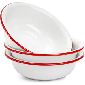 3 Pack 8 Inch Enamel Bowl, 34 Oz Large Enamel Mixing Bowl Wide Enamel Salad Bowl with Red Rim,  White Enamelware for Soup, Fruit, Pasta