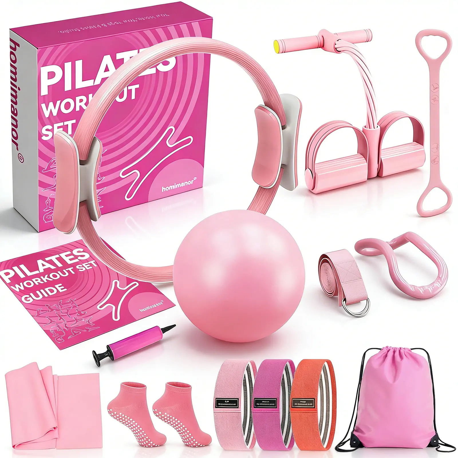 homimanor Pilates-Yoga Ring Set for Home Workout, Beginner-Friendly Round Kit with 15in Magic Circle, 9.8in Yoga Ball, Resistance Bands for Full Body Toning, Adorable Colors and Styles