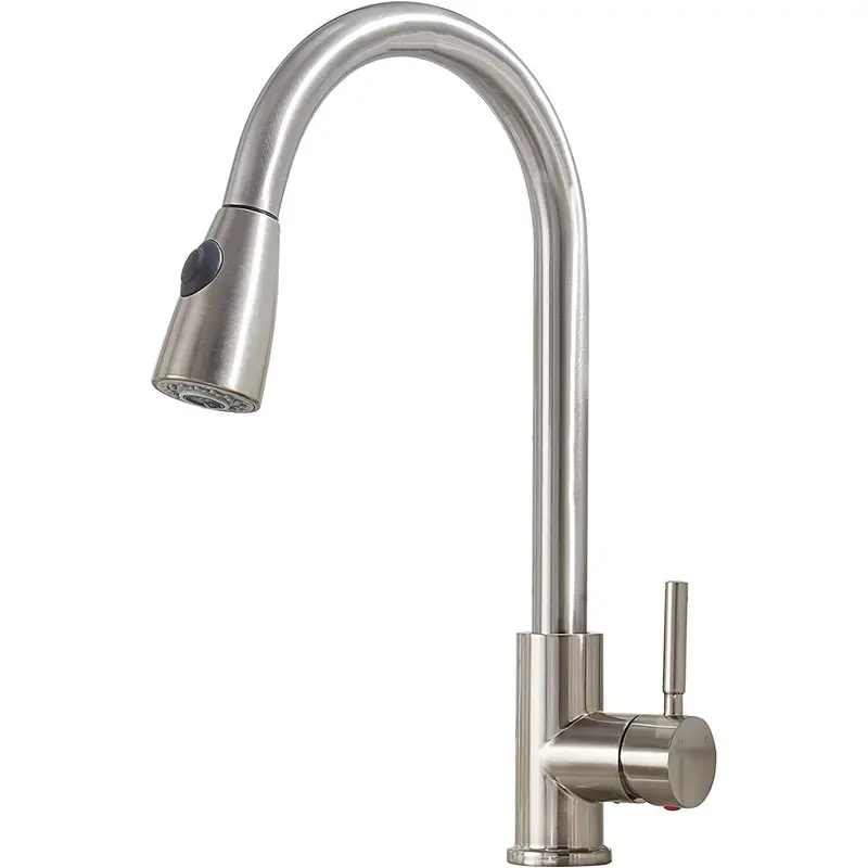 Brushed Nickel Modern Commercial Style Kitchen Faucet - Single Hole Deck Mount Pull Out Mixer Tap for Kitchen Sink, Curved Spout, Cover, Deep Pot Reach, Water Sprayer Nozzle & Attachment, Home Improvement Fixture with Manufacturer Warranty