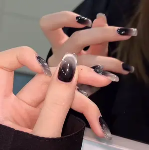 Black Ombré Press On Nails – Long Glossy Coffin Fake Nails with Clear Glass Tips, Reusable Gradient Nail Set for Women, Easy to Apply