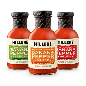 MILLERS Banana Pepper Sauce - 6 Pack - Dip BBQ Condiment - Mild Hot & Habanero - Vine-Ripened Peppers - Non-GMO Gluten Free Kosher - Flavor