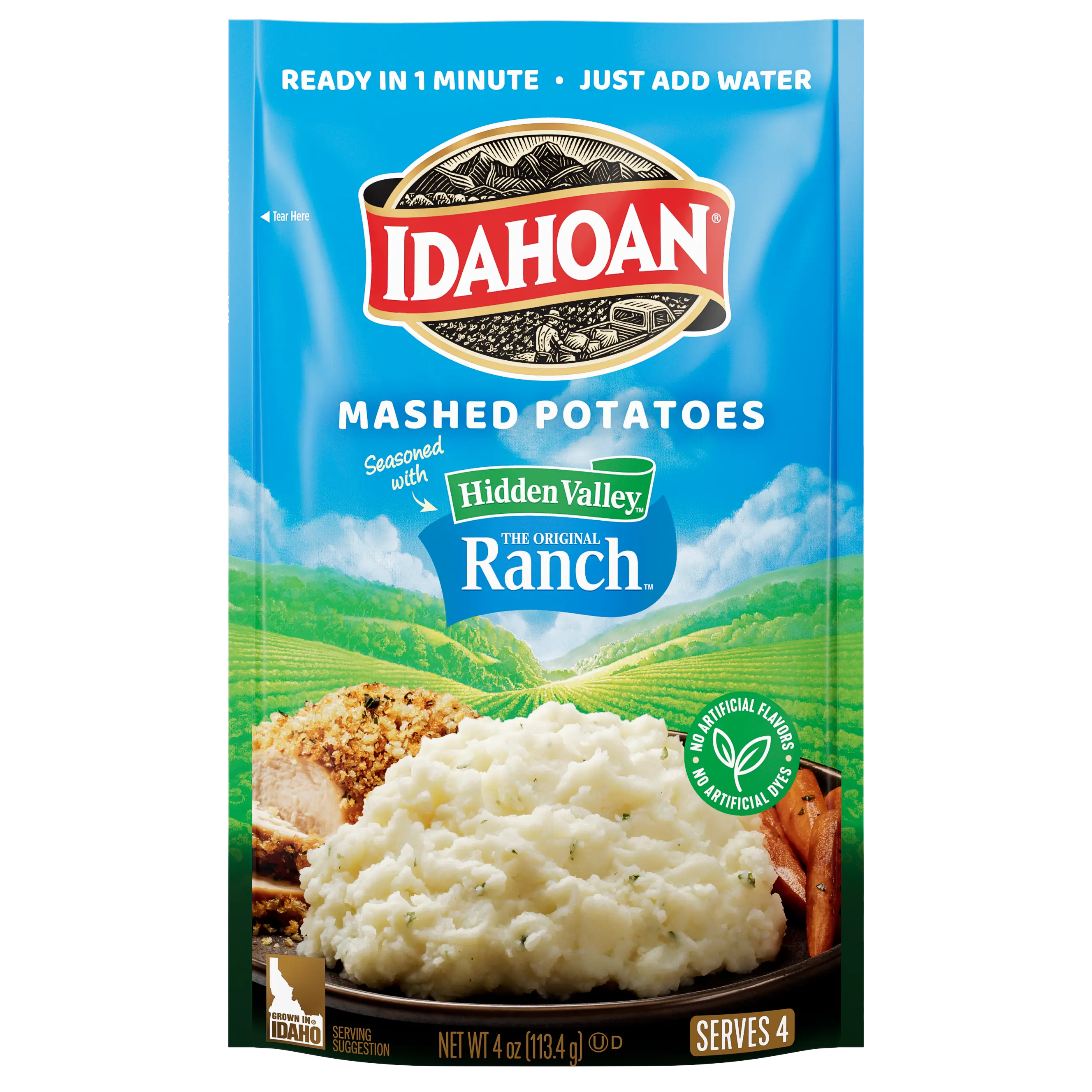 Idahoan Mashed Potatoes seasoned with Hidden Valley Original Ranch, 4 oz, Pack of 12 Idahoan Mashed Potatoes seasoned with Hidden Valley Original Ranch, 4 oz, Pack of 12