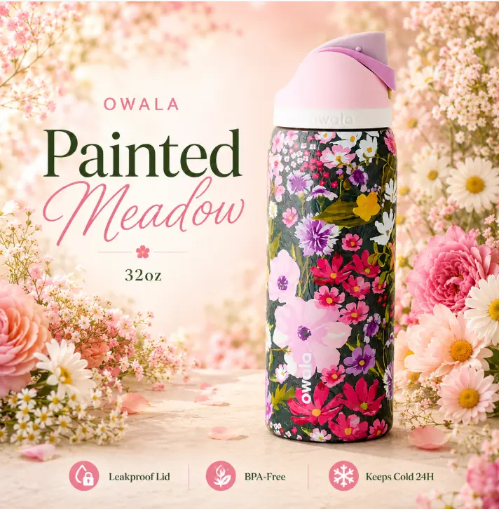 Owala Painted Meadow 32oz FreeSip Water Bottle Leakproof Insulated Stainless Steel Spring Floral Travel Gift