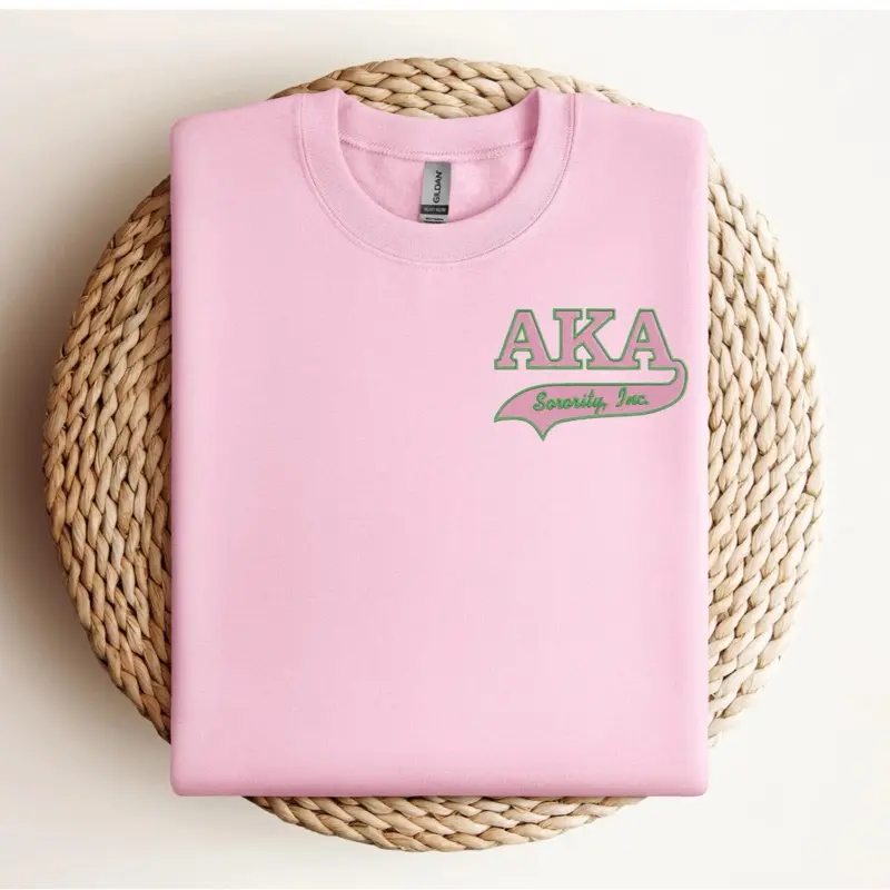AKA Embroidered Sweatshirt - Pink Crew Neck, Long Sleeve, Fitted, Casual Style, Suitable for All Seasons