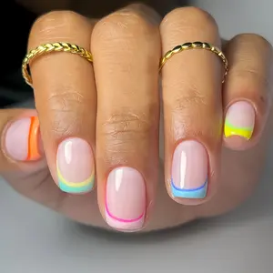 24pcs New Square Shape Press-On False Nails, Neon Color Block French Short Nail Art Stickers, Fluorescent Multi-Color Lines, Easy Wear Long-Lasting