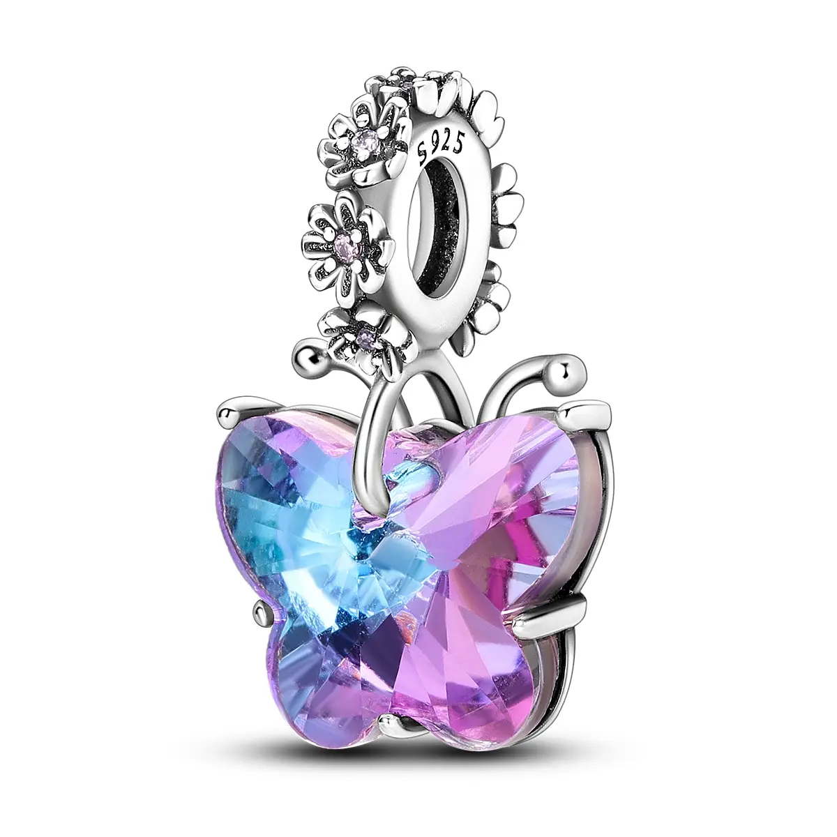 MULA 925 Silver-plated Shiny Butterfly Pendant | Multicolor Glass and Zircon Insect Charm | Elegant Nature Style Jewelry | Fits Pandora Bracelets and Necklaces | Perfect Gift for Women and Girls