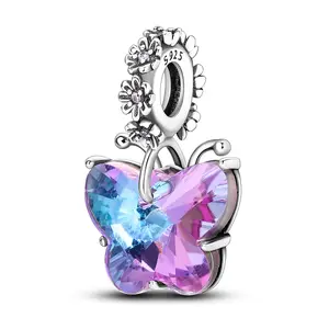 MULA 925 Silver-plated Shiny Butterfly Pendant | Multicolor Glass and Zircon Insect Charm | Elegant Nature Style Jewelry | Fits Pandora Bracelets and Necklaces | Perfect Gift for Women and Girls