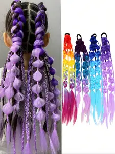 Girls Rainbow Gradient Twist Long Realistic Hairband Ponytail Hair Tie, Dual Color Bubble Lantern Braid, Role Play and Music Festivals