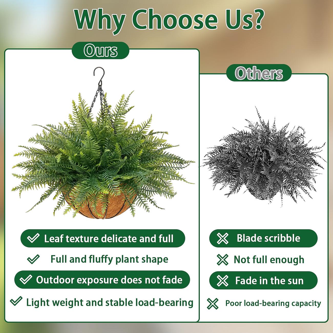 2 Set Artificial Hanging Fern Plants Outdoor Fake Hanging Ferns Planter, Includes Hanging Flower Basket And Artificial Fern, UV Resistant Faux Fern Plant Basket For Outdoors Patio Garden Home Decor