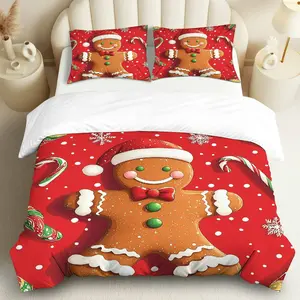 3PCS Duvet Cover Set, 1 Duvet+2 Pillowcases(Without filler), Gingerbread Candy Cane Snowflake Christmas theme, Christmas bedding set, Cozy Festive Decorative Suitable for decoration bedroom, guest room, holiday home, winter retreat.