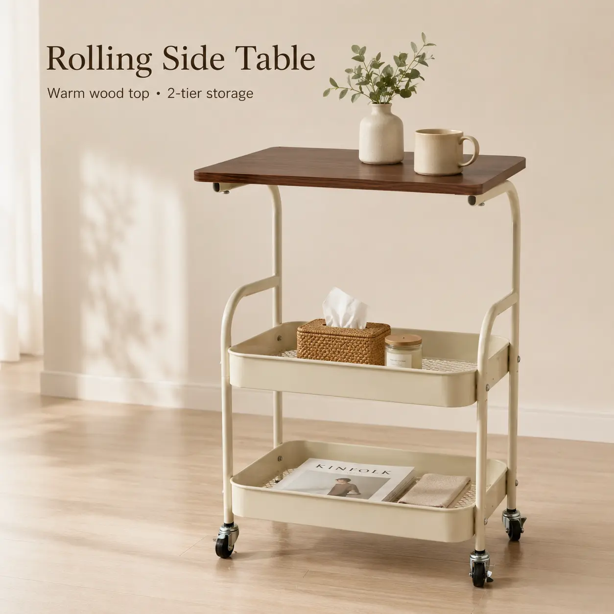 Modern 2-Tier Rolling Side Table with Storage Baskets, Black Stainless Steel Frame & Wood Top, Mobile End Table Cart for Living Room, Bedroom, Sofa Side, Office,White